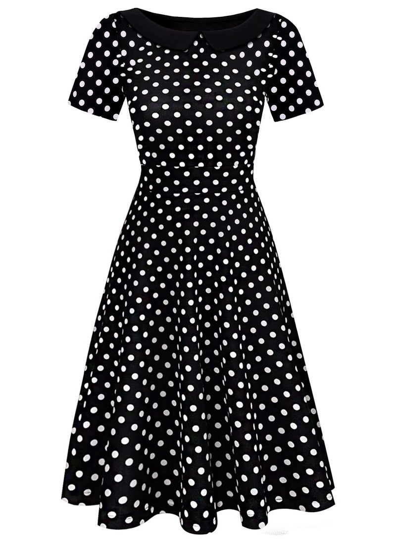 HELYO Vintage Dresses Women Short Sleeve Knee-Length Peter Pan Collar Casual Swing Wedding Party Vacation Homecoming for Junior 978 (Black Dot, M) - Image 2